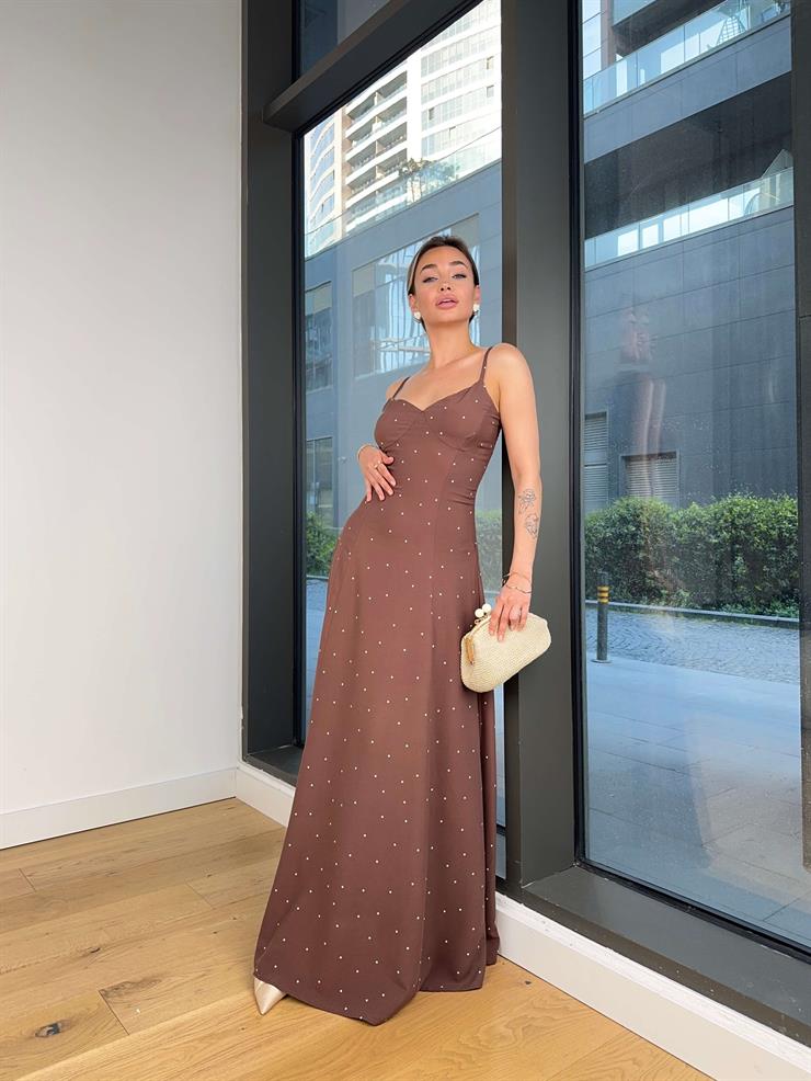 İnce Askılı Arkası Gipeli Nicoly Kahve Kadın Elbise 24Y104