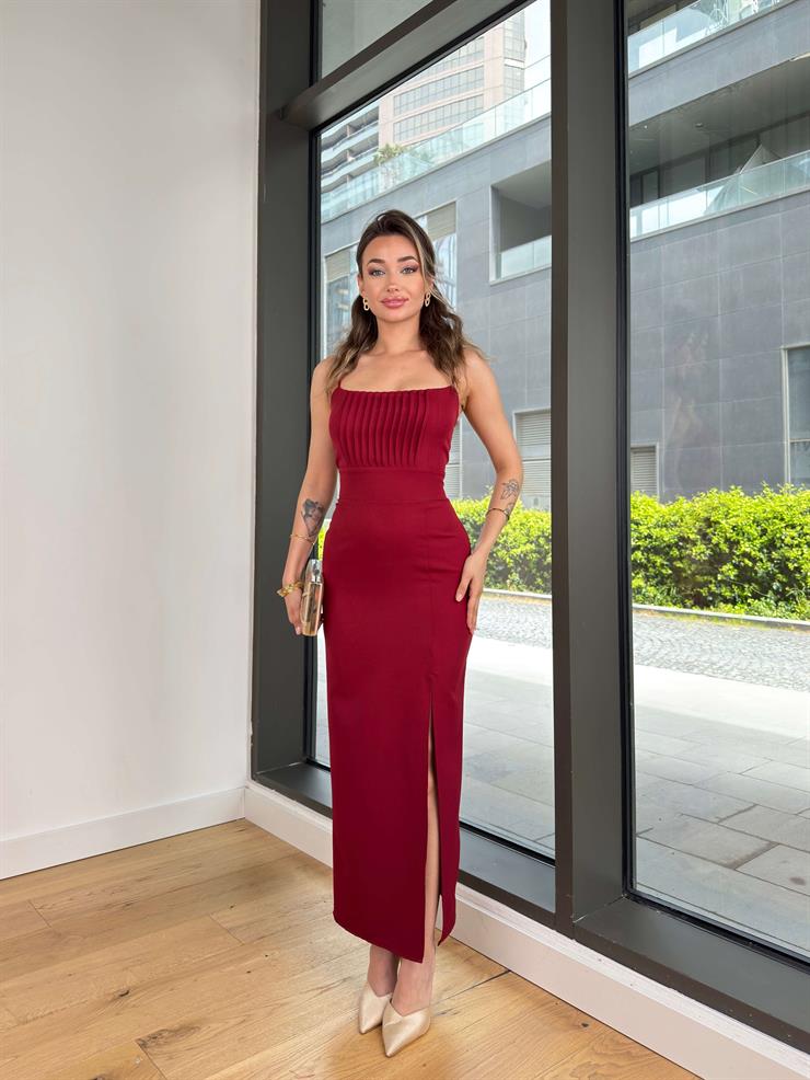 İnce Askılı Belden Oturtmalı Soul Bordo Kadın Yırtmaçlı Elbise 25Y097