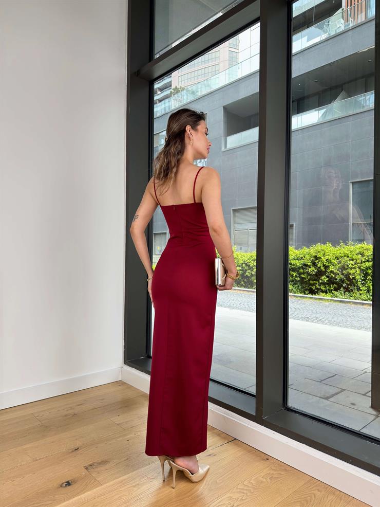 İnce Askılı Belden Oturtmalı Soul Bordo Kadın Yırtmaçlı Elbise 25Y097