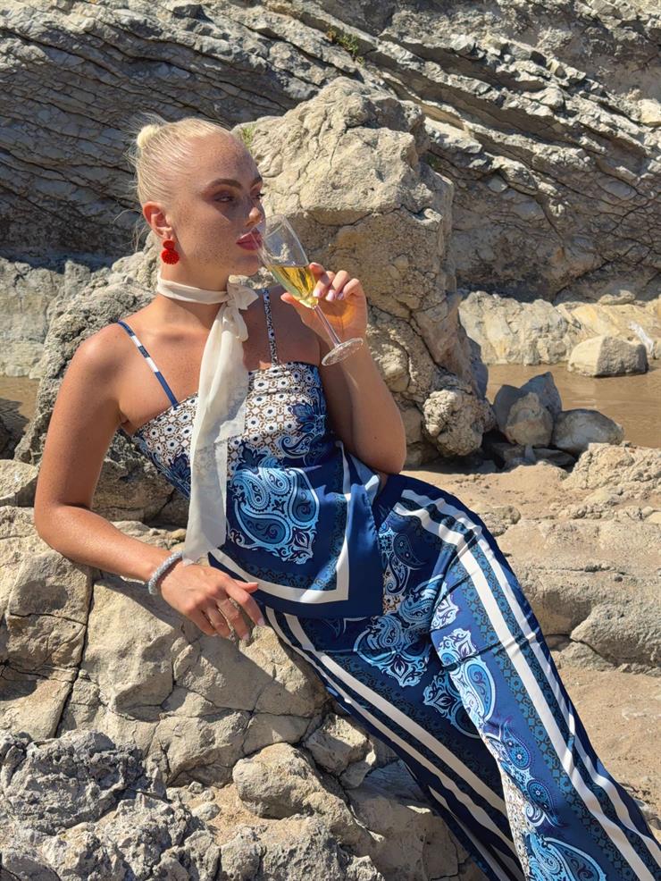 İnce Askılı Crop Yüksek Bel Bol Paça Pantolon Benico Mavi Kadın Desenli Takım 25Y454