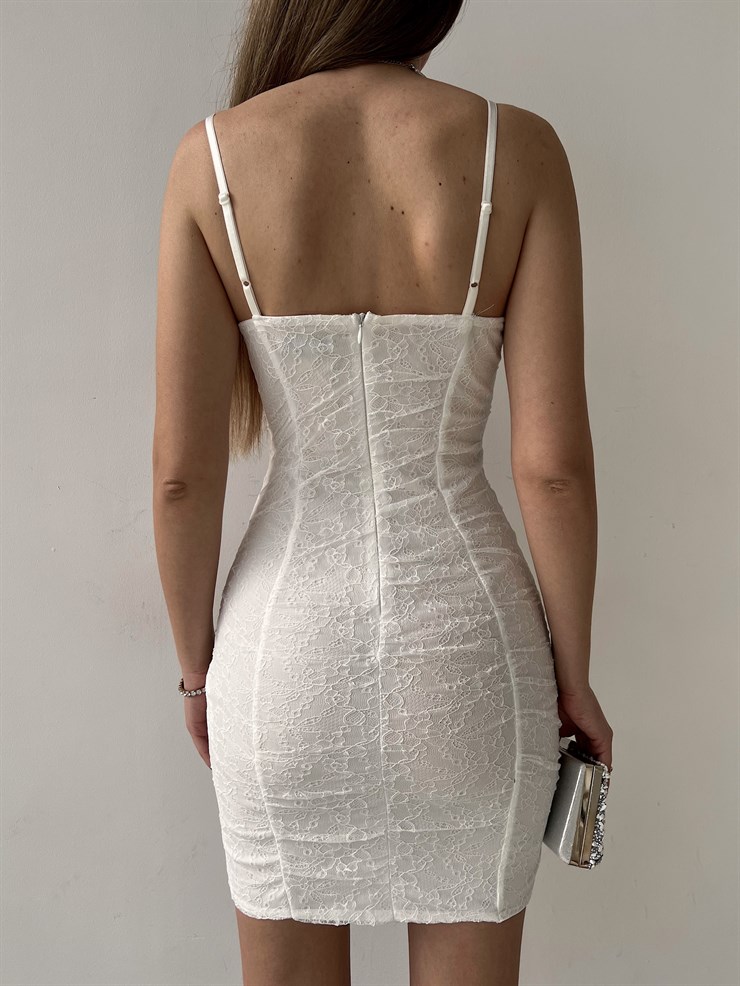 İnce Askılı Dantel Göğüs Kuplu Mini Boy Brent Kadın Beyaz Elbise 22Y000222