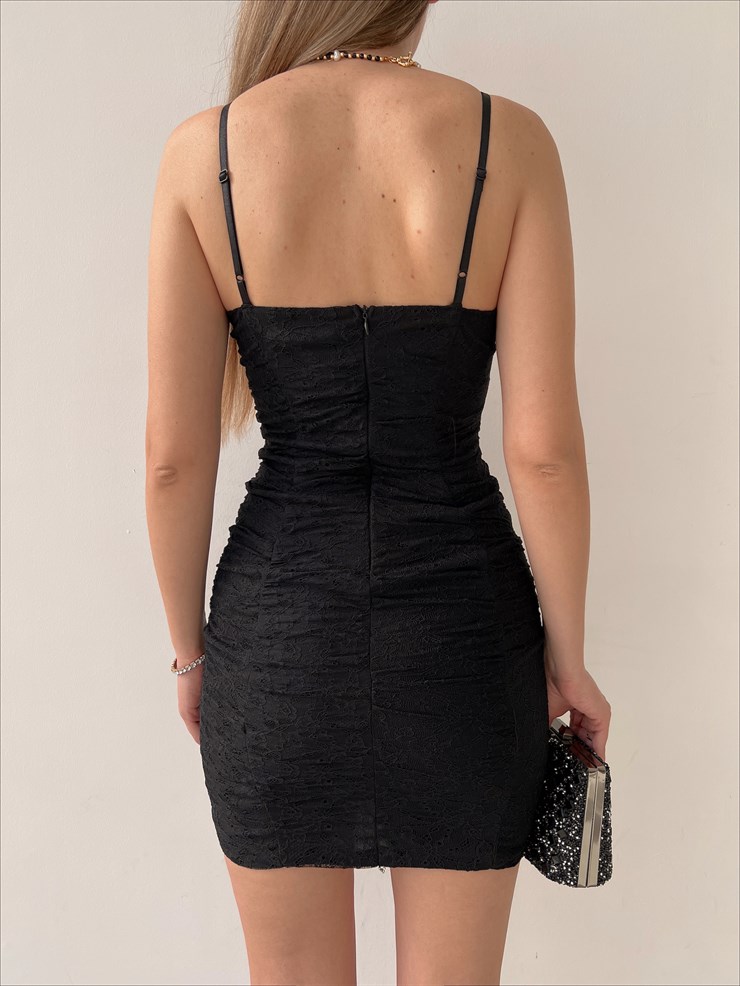 İnce Askılı Dantel Göğüs Kuplu Mini Boy Brent Kadın Siyah Elbise 22Y000222