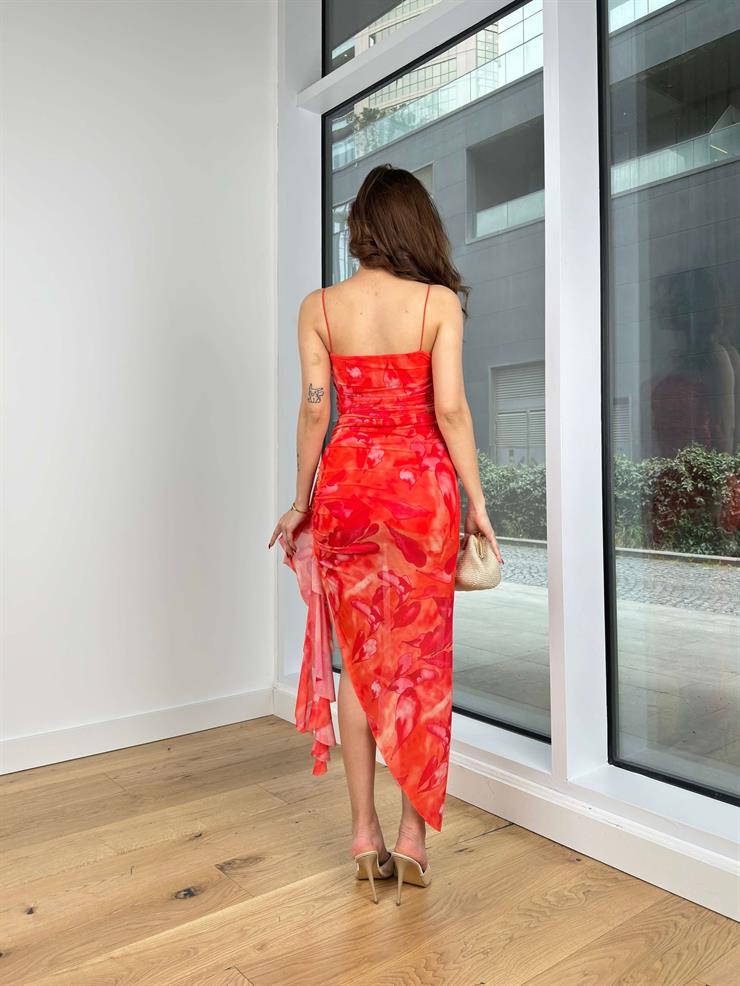 İnce Askılı Drapeli Fırfır Detaylı Dane Kadın Turuncu Elbise 24Y327