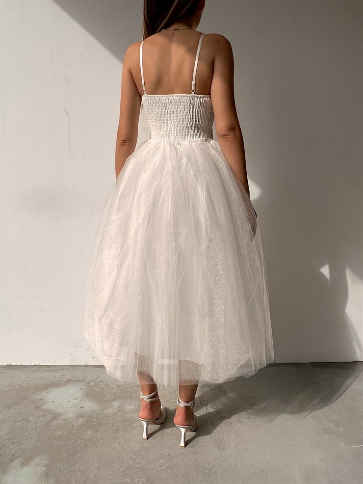 İnce Askılı Eteği Kabarık Tül Angel Kadın Beyaz Midi Elbise 22K000612