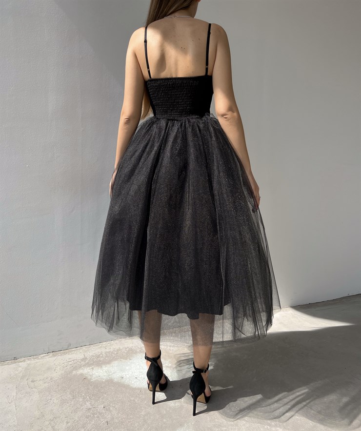 İnce Askılı Eteği Kabarık Tül Angel Kadın Siyah Midi Elbise 22K000612