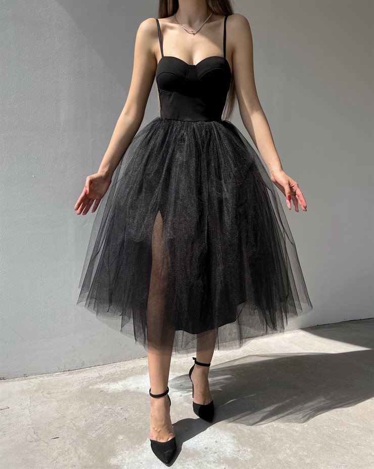 İnce Askılı Eteği Kabarık Tül Angel Kadın Siyah Midi Elbise 22K000612
