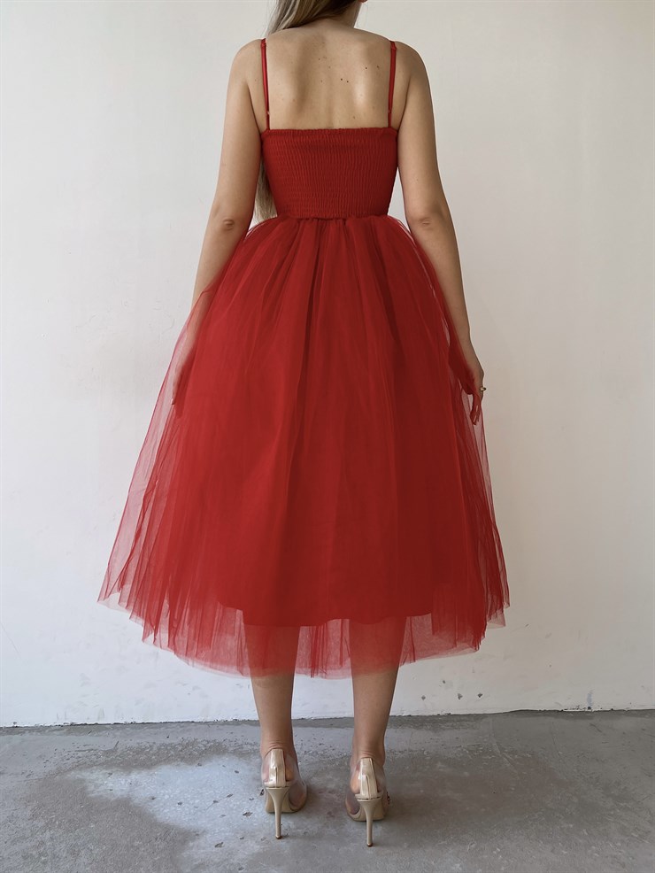 İnce Askılı Eteği Kabarık Tül Angel Kadın Kırmızı Midi Elbise 22K000612
