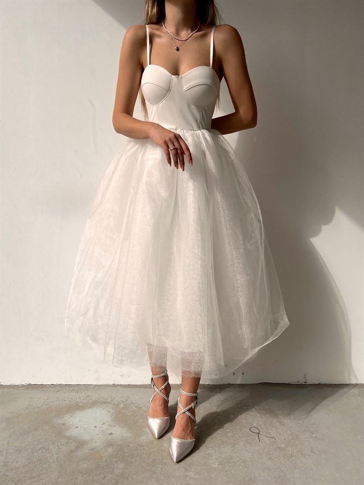 İnce Askılı Eteği Kabarık Tül Angel Kadın Beyaz Midi Elbise 22K000612