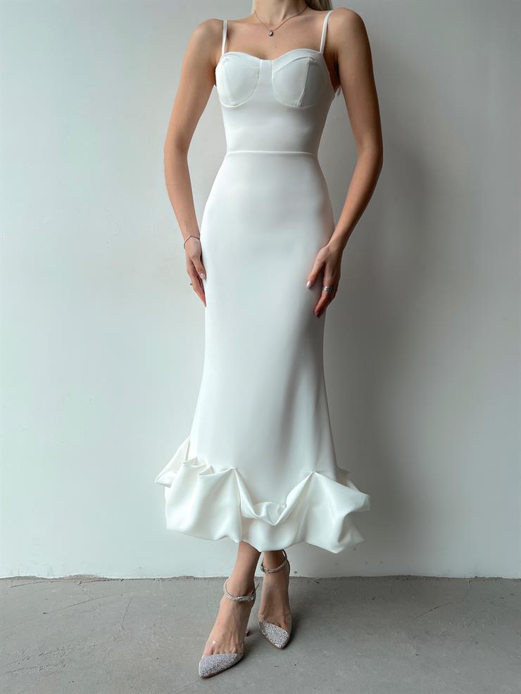 İnce Askılı Etek Ucu Volanlı Raha Kadın Beyaz Elbise 23Y000203