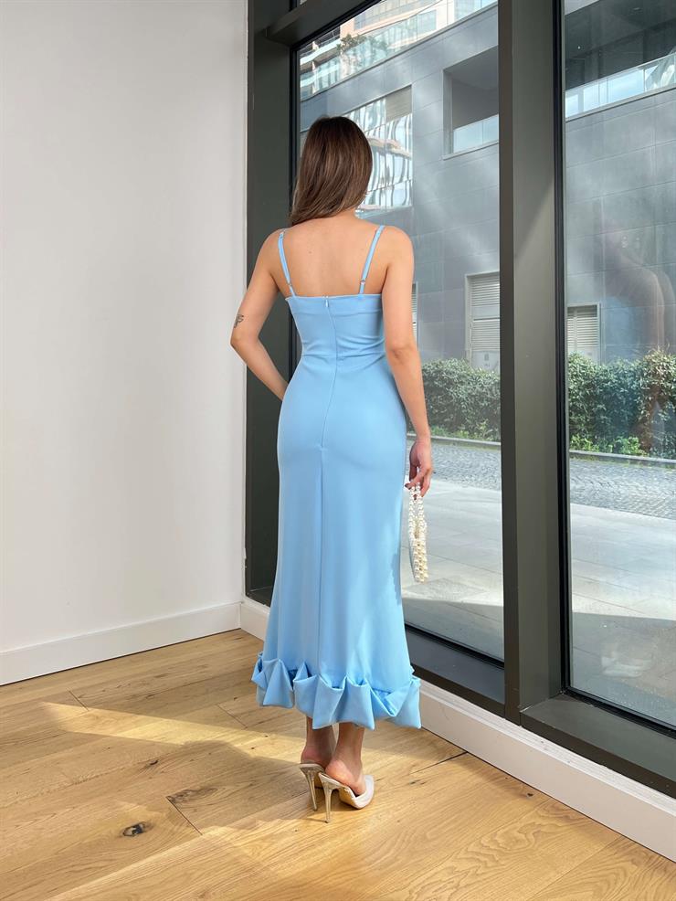 İnce Askılı Etek Ucu Volanlı Raha Kadın Bebe Mavisi Elbise 23Y000203