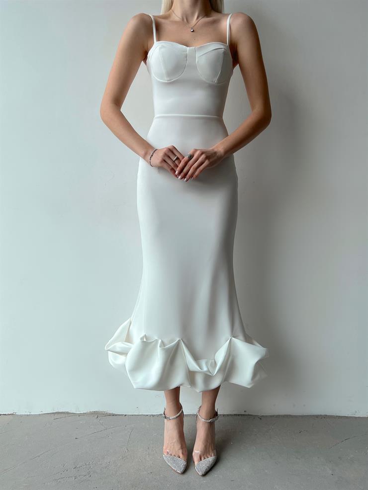 İnce Askılı Etek Ucu Volanlı Raha Kadın Beyaz Elbise 23Y000203