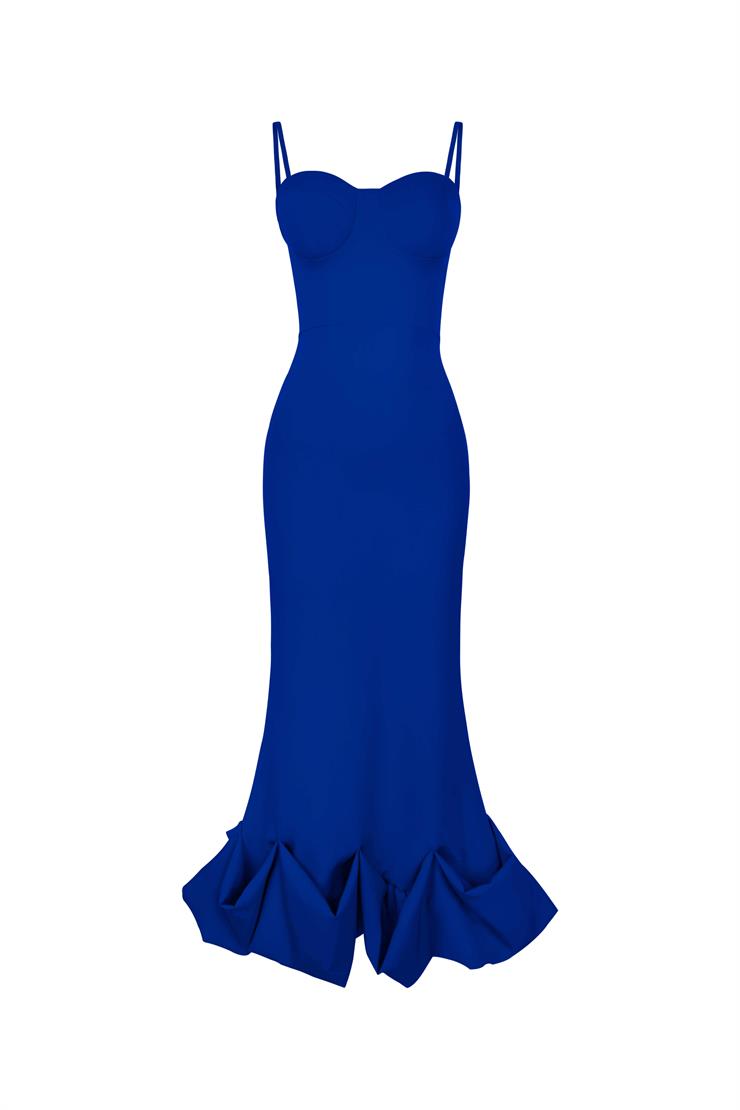 İnce Askılı Etek Ucu Volanlı Raha Kadın Saks Elbise 23Y000203