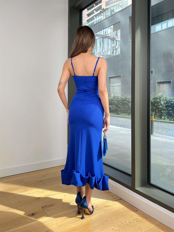 İnce Askılı Etek Ucu Volanlı Raha Kadın Saks Elbise 23Y000203