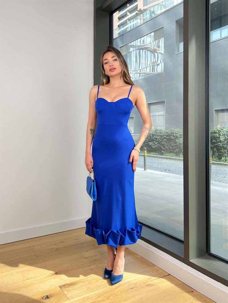 İnce Askılı Etek Ucu Volanlı Raha Kadın Saks Elbise 23Y000203