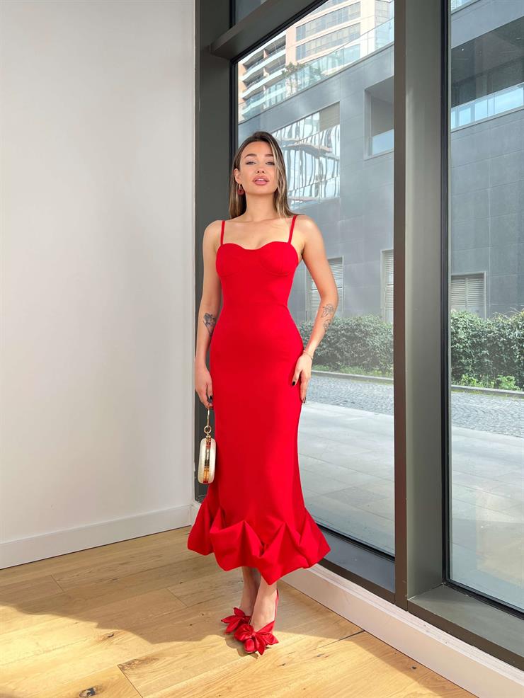 İnce Askılı Etek Ucu Volanlı Raha Kadın Kırmızı Elbise 23Y000203