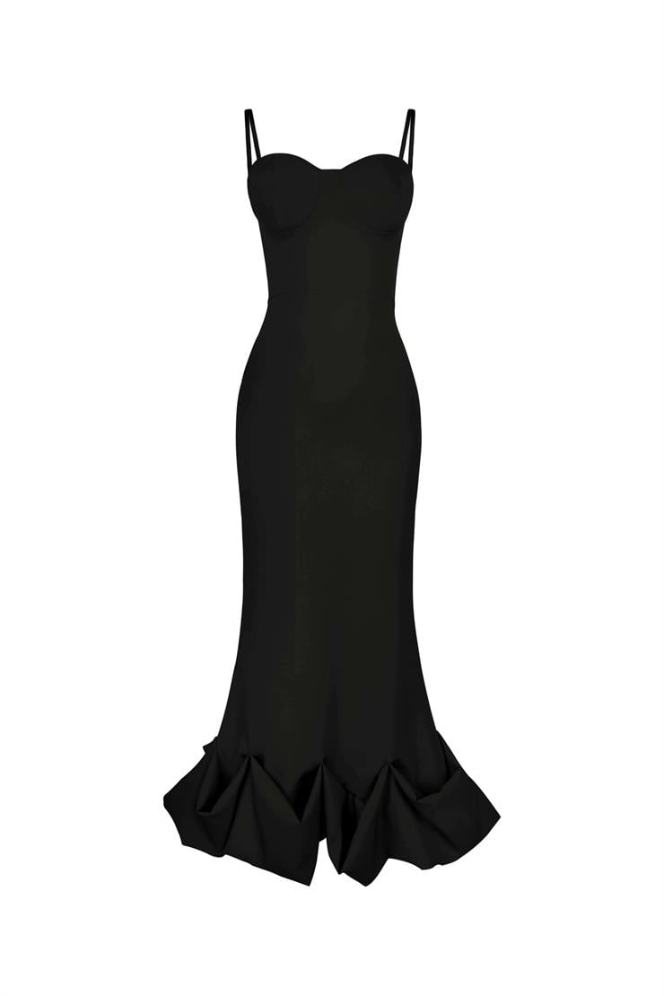 İnce Askılı Etek Ucu Volanlı Raha Kadın Siyah Elbise 23Y000203