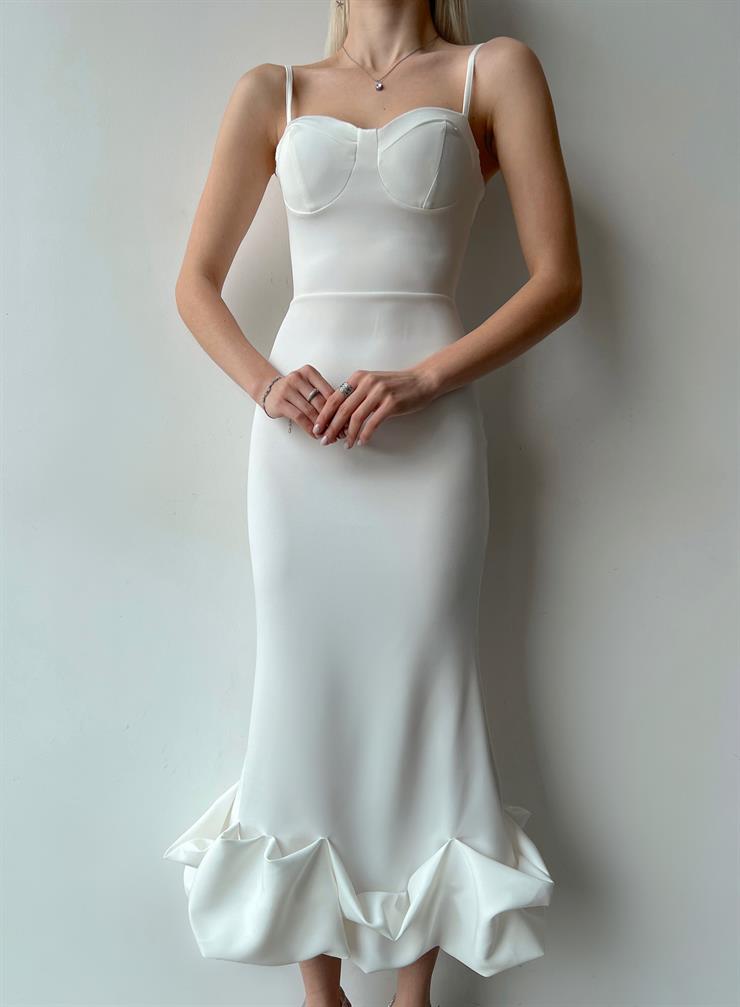 İnce Askılı Etek Ucu Volanlı Raha Kadın Beyaz Elbise 23Y000203