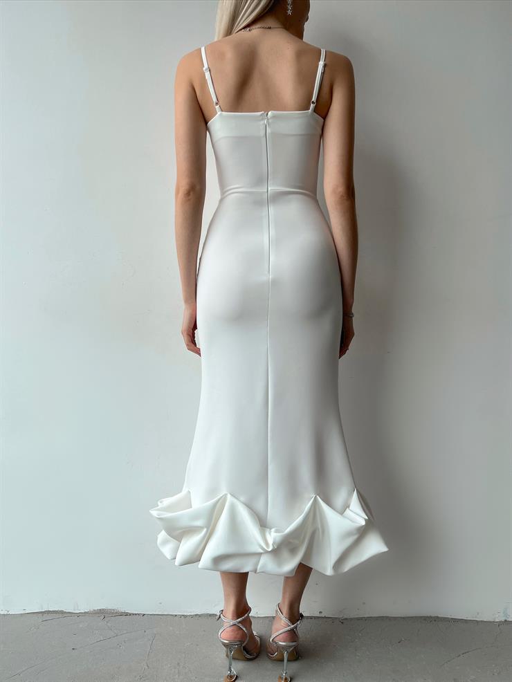 İnce Askılı Etek Ucu Volanlı Raha Kadın Beyaz Elbise 23Y000203