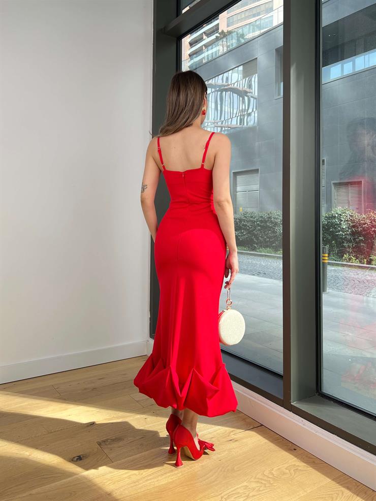 İnce Askılı Etek Ucu Volanlı Raha Kadın Kırmızı Elbise 23Y000203