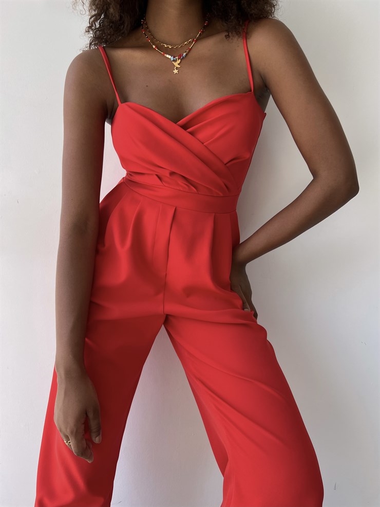 İnce Askılı Kruvaze Yaka Önü Pileli Zama Kadın Kırmızı Tulum 22Y000445