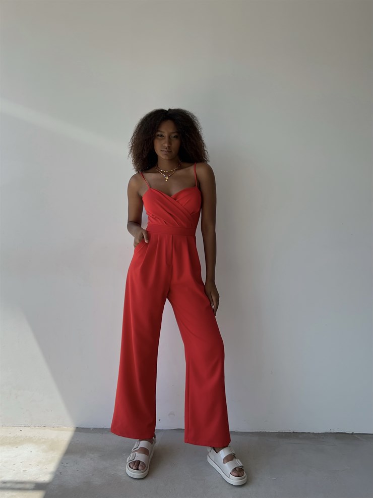 İnce Askılı Kruvaze Yaka Önü Pileli Zama Kadın Kırmızı Tulum 22Y000445