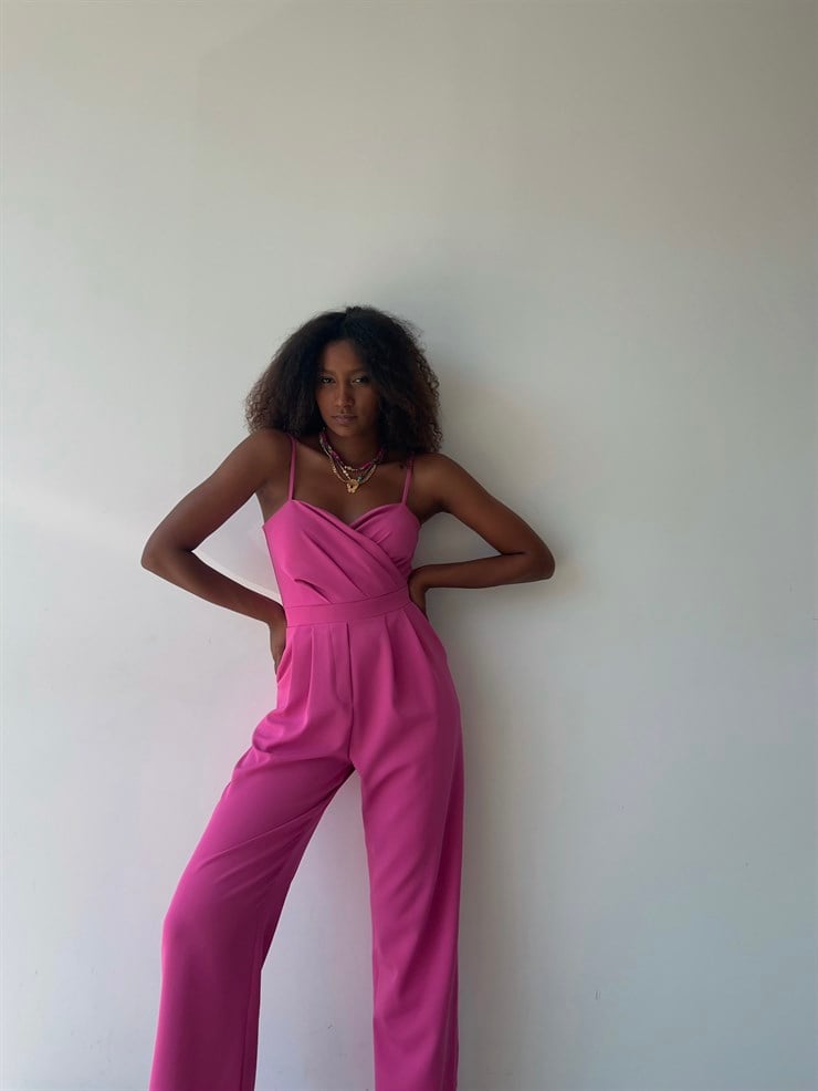 İnce Askılı Kruvaze Yaka Önü Pileli Zama Kadın Fuşya Tulum 22Y000445