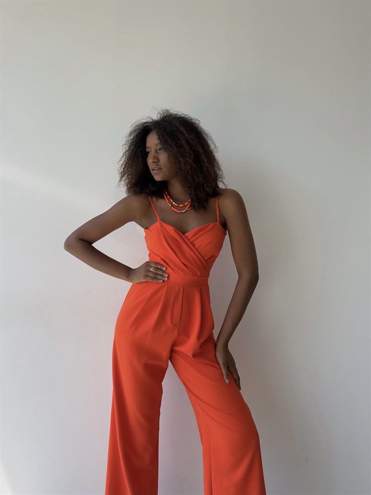 İnce Askılı Kruvaze Yaka Önü Pileli Zama Kadın Oranj Tulum 22Y000445