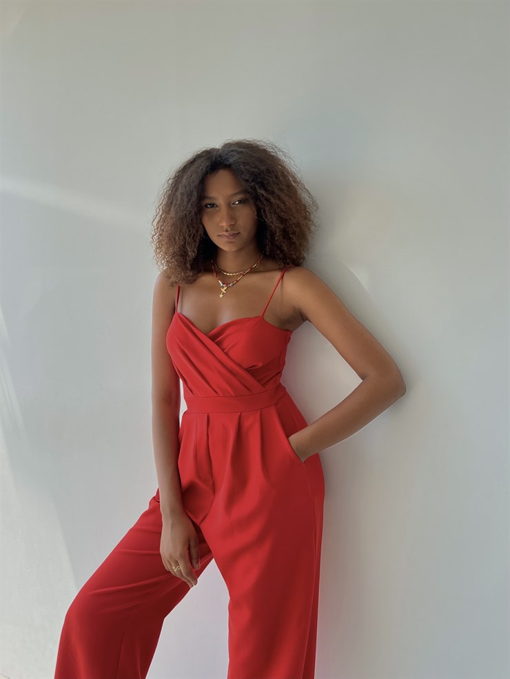 İnce Askılı Kruvaze Yaka Önü Pileli Zama Kadın Kırmızı Tulum 22Y000445