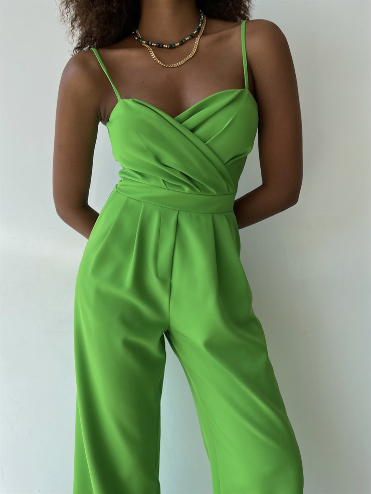 İnce Askılı Kruvaze Yaka Önü Pileli Zama Kadın Yeşil Tulum 22Y000445