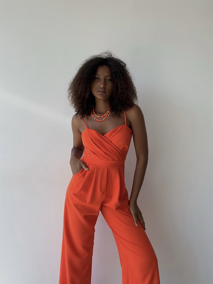 İnce Askılı Kruvaze Yaka Önü Pileli Zama Kadın Oranj Tulum 22Y000445