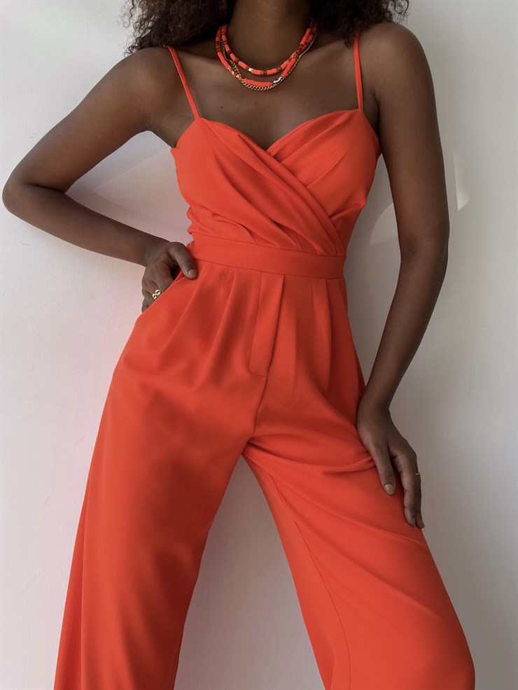 İnce Askılı Kruvaze Yaka Önü Pileli Zama Kadın Oranj Tulum 22Y000445