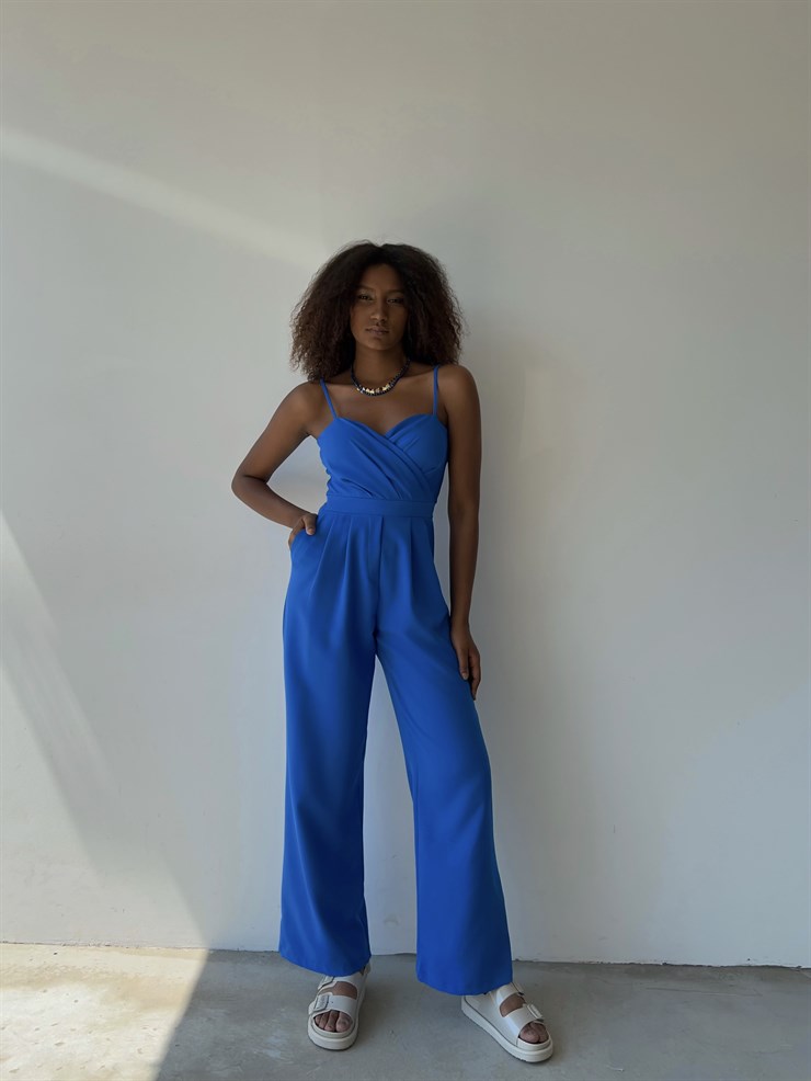 İnce Askılı Kruvaze Yaka Önü Pileli Zama Kadın Saks Tulum 22Y000445