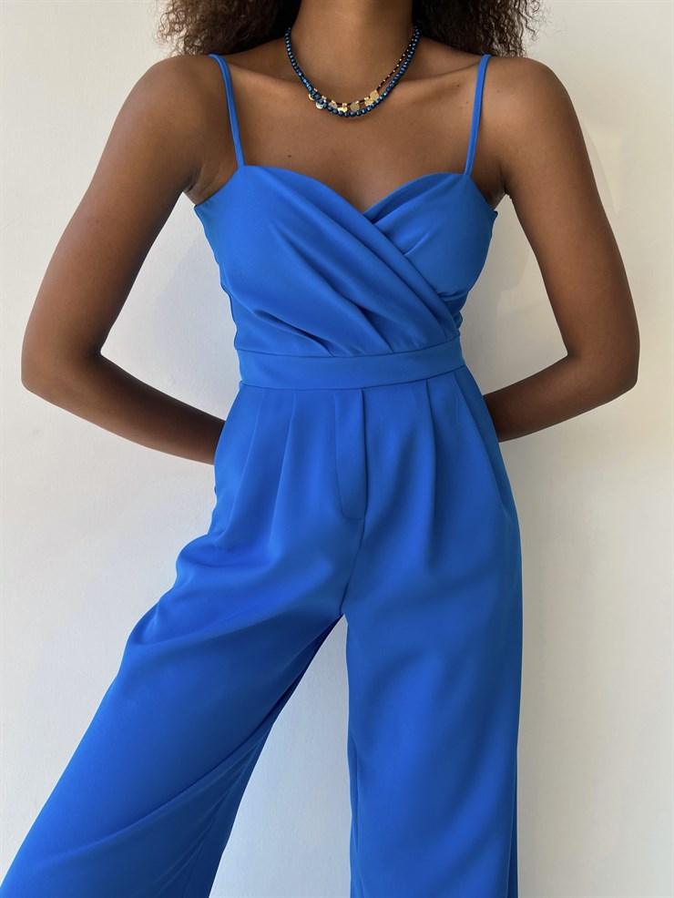 İnce Askılı Kruvaze Yaka Önü Pileli Zama Kadın Saks Tulum 22Y000445