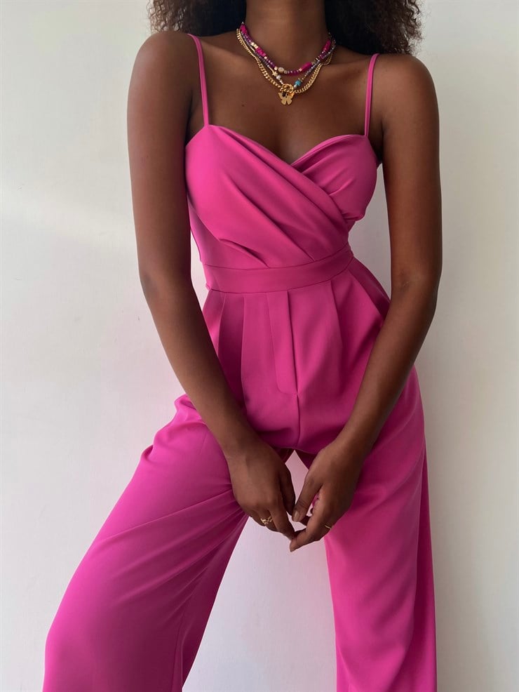 İnce Askılı Kruvaze Yaka Önü Pileli Zama Kadın Fuşya Tulum 22Y000445