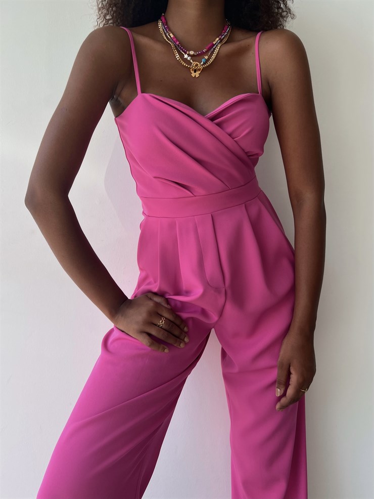 İnce Askılı Kruvaze Yaka Önü Pileli Zama Kadın Fuşya Tulum 22Y000445