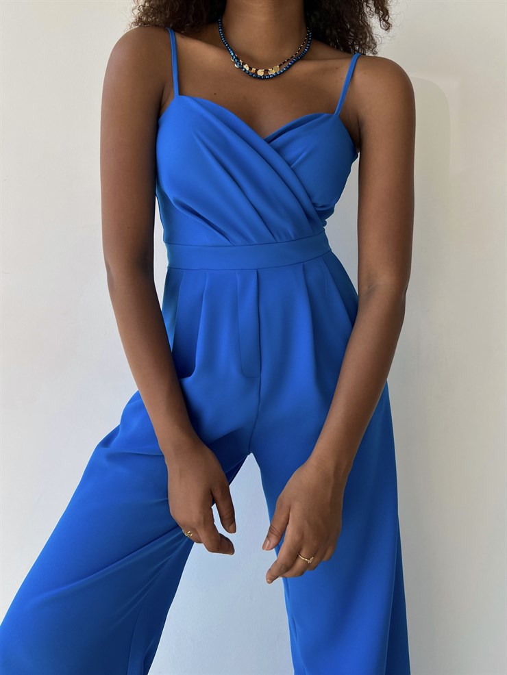 İnce Askılı Kruvaze Yaka Önü Pileli Zama Kadın Saks Tulum 22Y000445