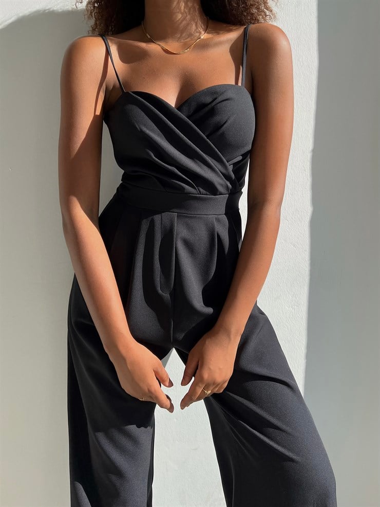 İnce Askılı Kruvaze Yaka Önü Pileli Zama Kadın Siyah Tulum 22Y000445