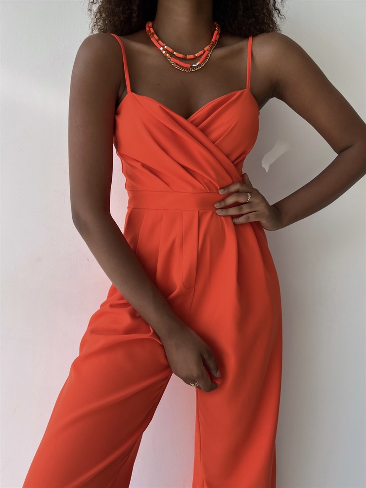 İnce Askılı Kruvaze Yaka Önü Pileli Zama Kadın Oranj Tulum 22Y000445