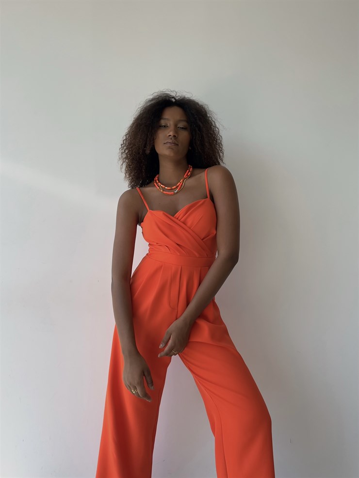 İnce Askılı Kruvaze Yaka Önü Pileli Zama Kadın Oranj Tulum 22Y000445