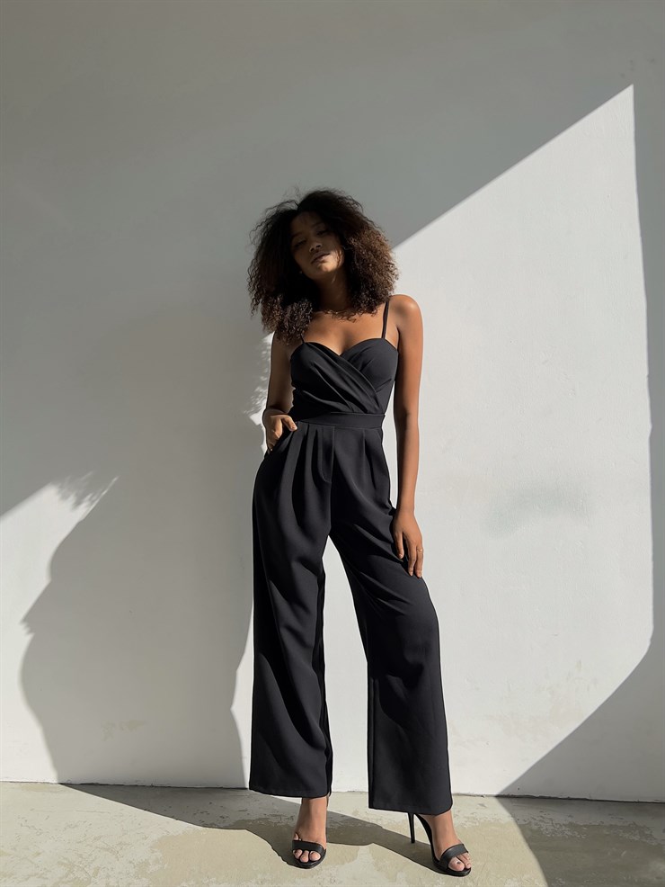 İnce Askılı Kruvaze Yaka Önü Pileli Zama Kadın Siyah Tulum 22Y000445