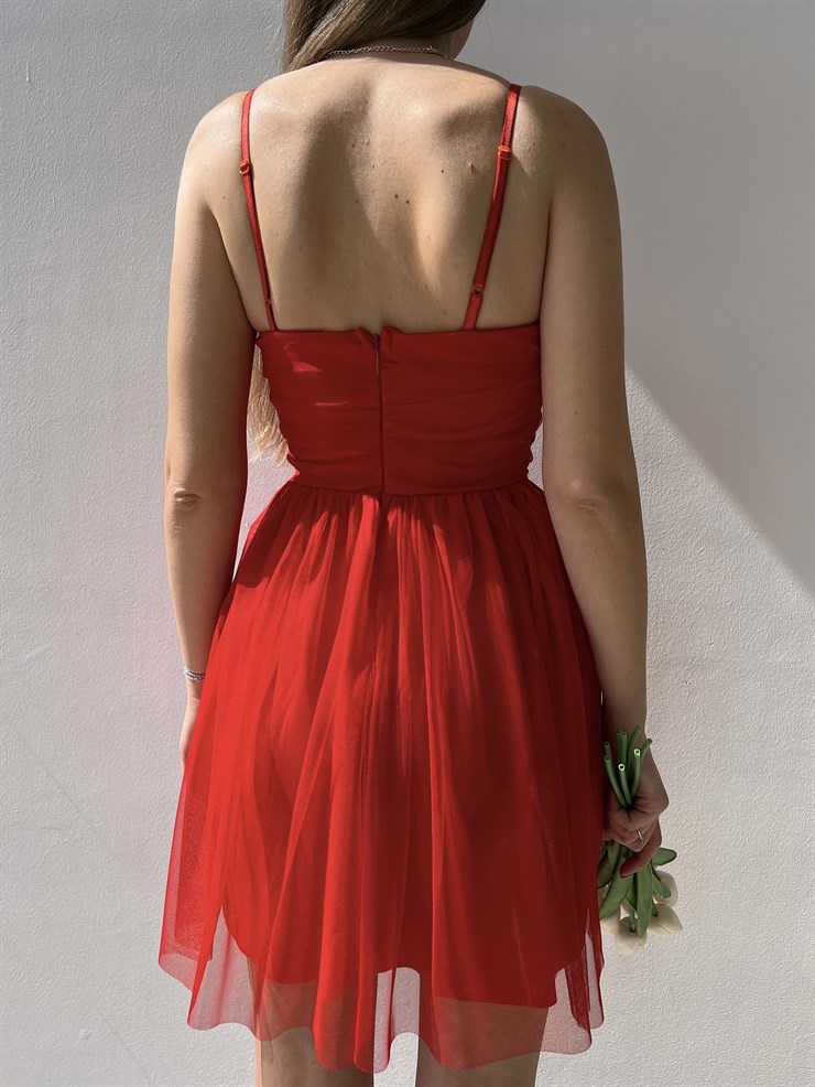 İnce Askılı Mini Boy Astarlı Tül Kumaş Layne Kadın Kırmızı Elbise 22Y000256