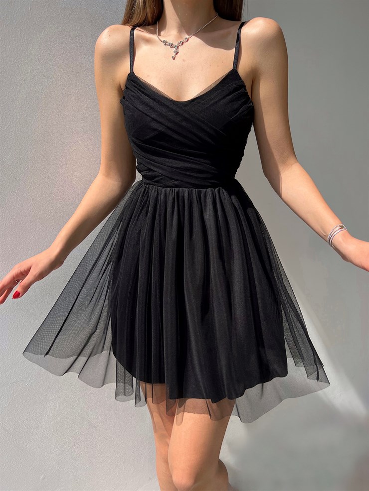 İnce Askılı Mini Boy Astarlı Tül Kumaş Layne Kadın Siyah Elbise 22Y000256