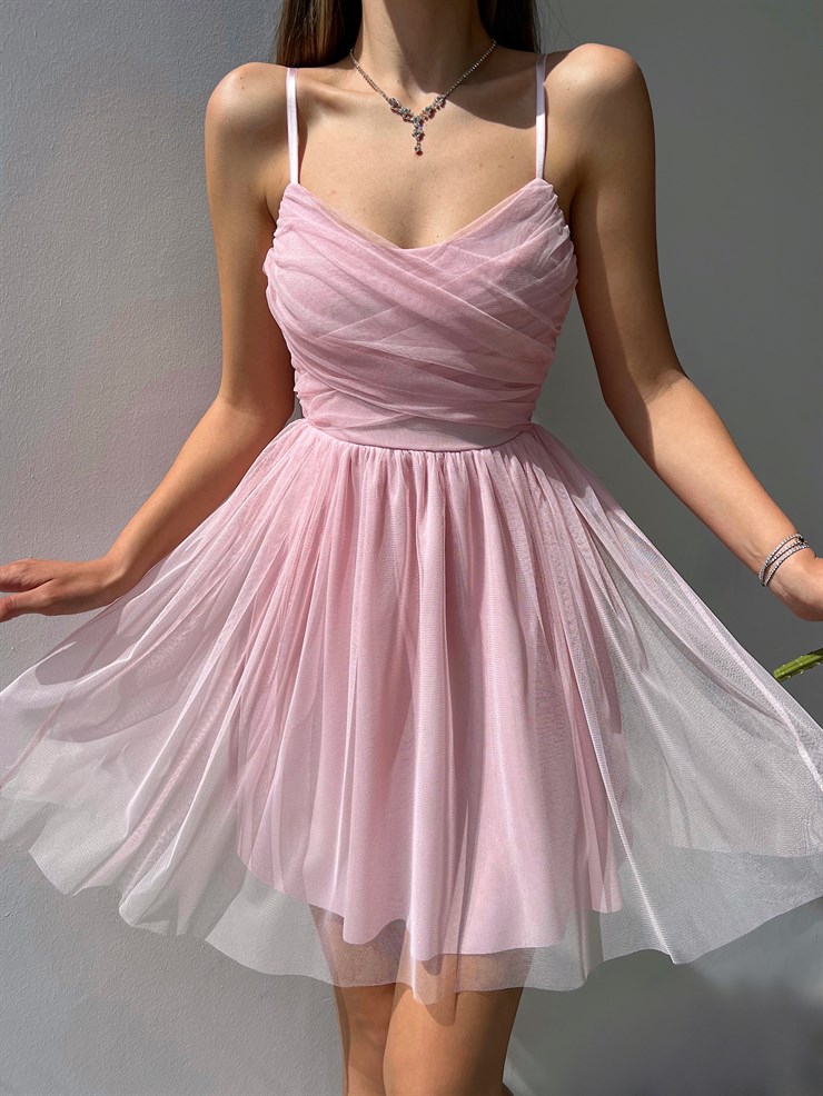 İnce Askılı Mini Boy Astarlı Tül Kumaş Layne Kadın Pudra Elbise 22Y000256