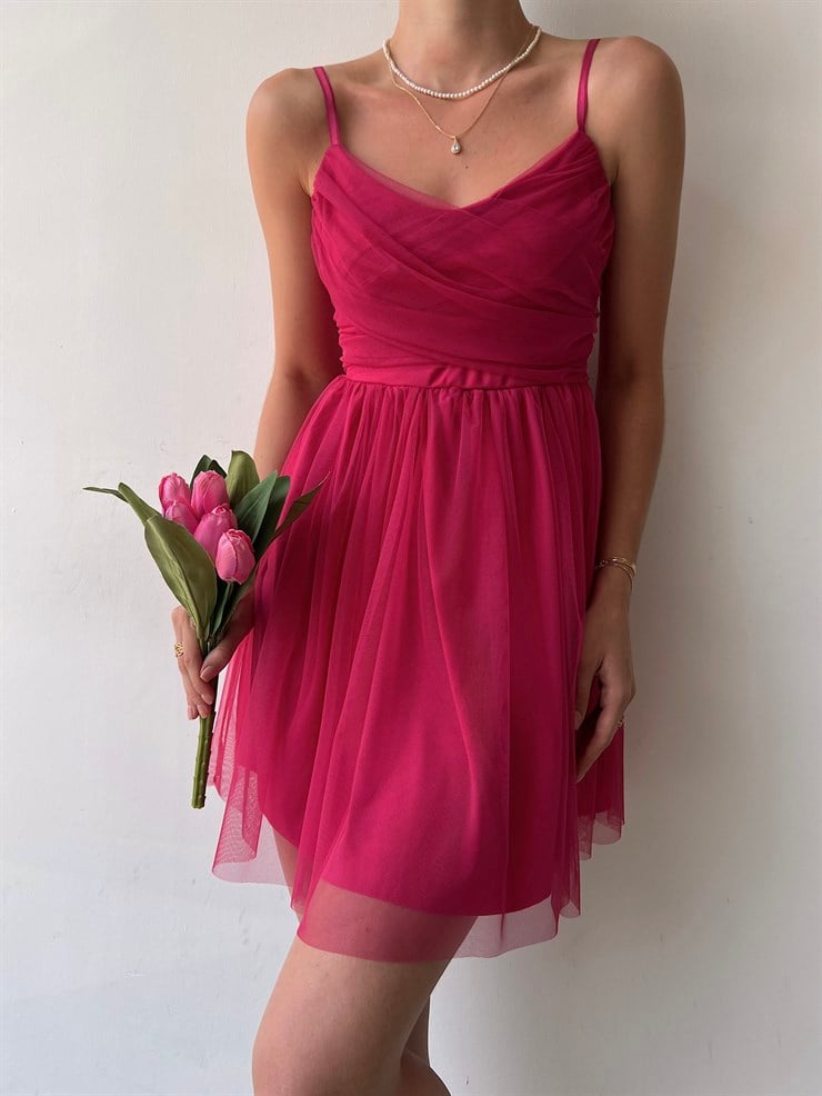 İnce Askılı Mini Boy Astarlı Tül Kumaş Layne Kadın Fuşya Elbise 22Y000256