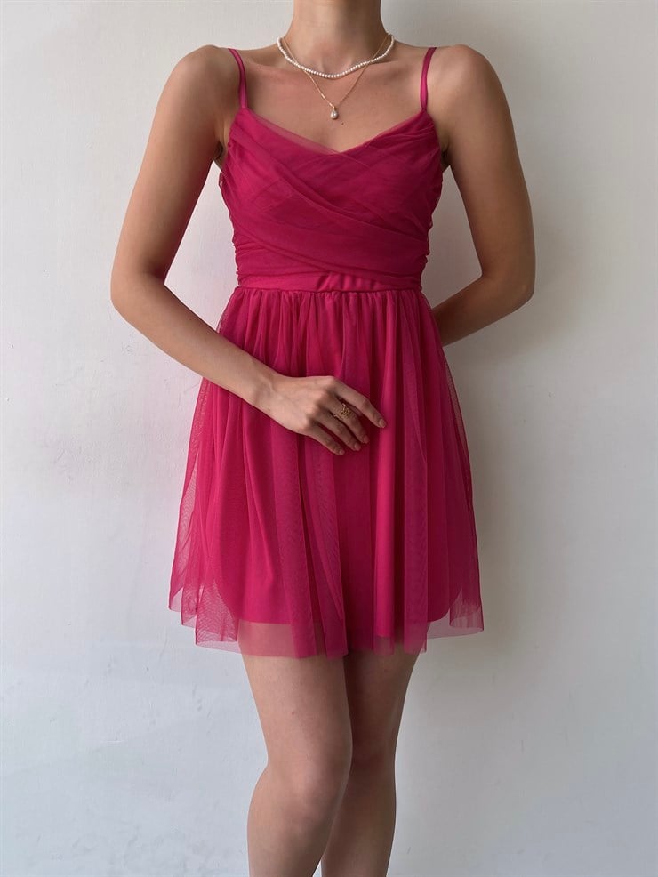 İnce Askılı Mini Boy Astarlı Tül Kumaş Layne Kadın Fuşya Elbise 22Y000256