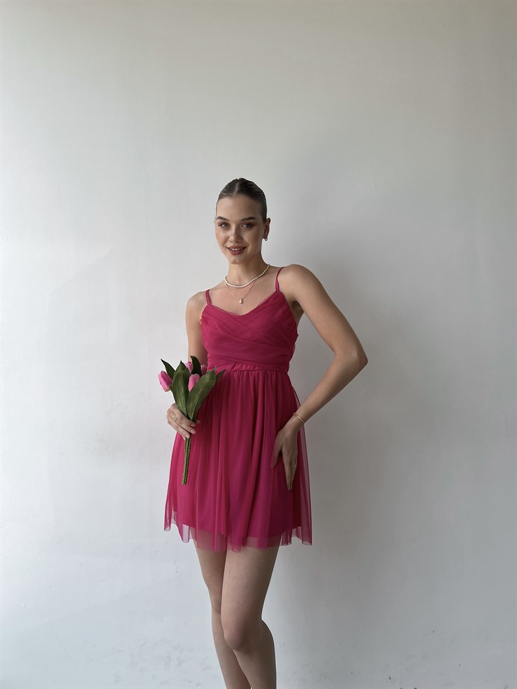 İnce Askılı Mini Boy Astarlı Tül Kumaş Layne Kadın Fuşya Elbise 22Y000256
