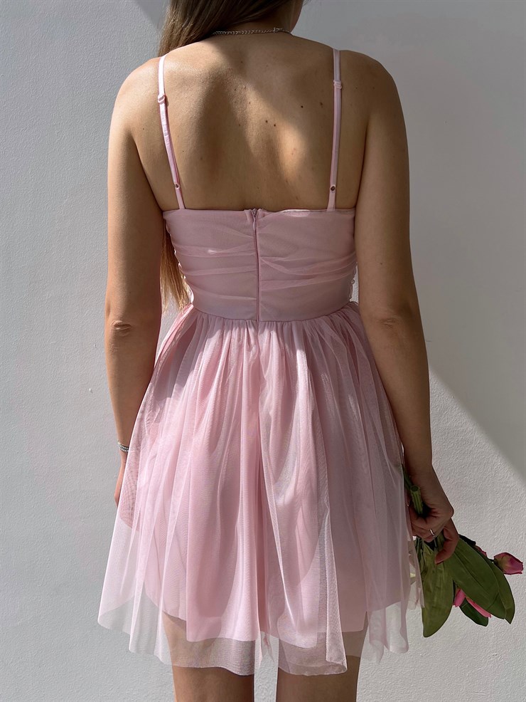 İnce Askılı Mini Boy Astarlı Tül Kumaş Layne Kadın Pudra Elbise 22Y000256
