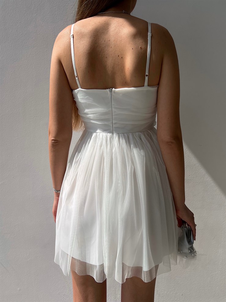 İnce Askılı Mini Boy Astarlı Tül Kumaş Layne Kadın Beyaz Elbise 22Y000256