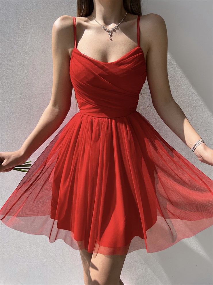 İnce Askılı Mini Boy Astarlı Tül Kumaş Layne Kadın Kırmızı Elbise 22Y000256