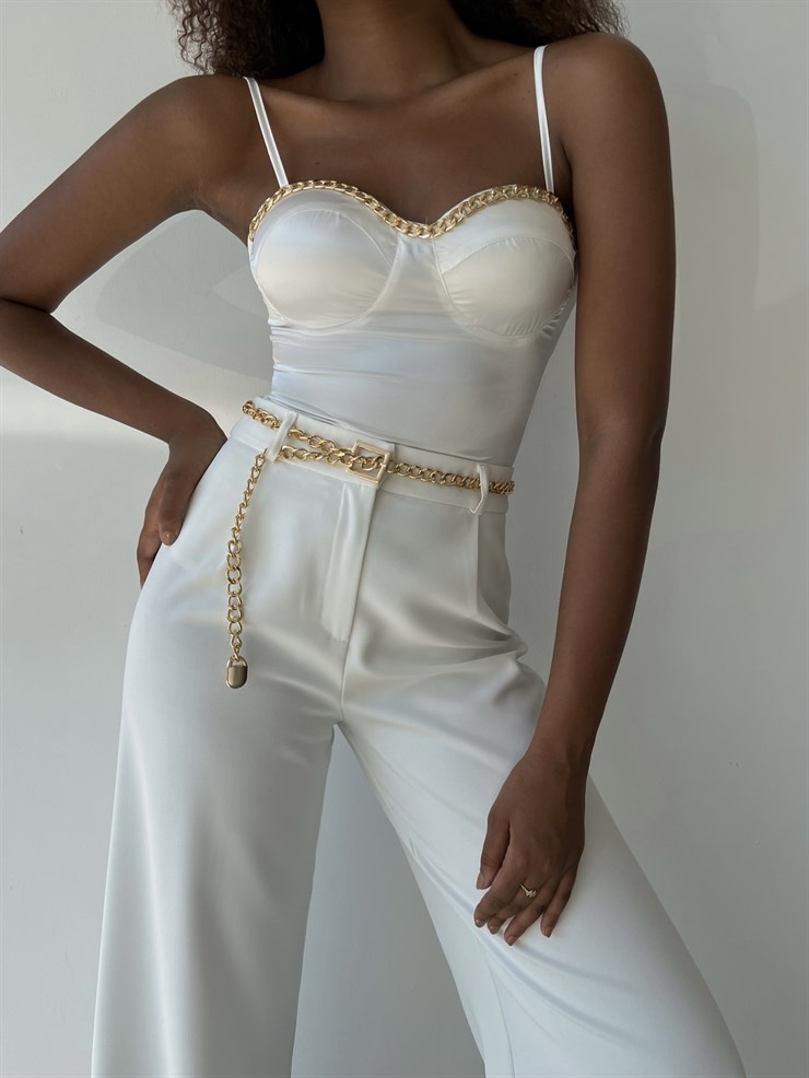 İnce Askılı Saten Göğüs Çevresi Zincir Detaylı Hillard Kadın Beyaz Bodysuit 22Y000404